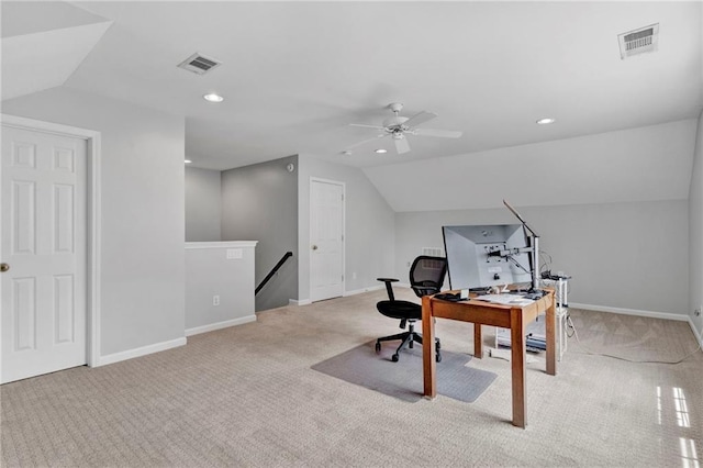 home office featuring light colored carpet, lofted ceiling, baseboards, a ceiling fan, and recessed lighting