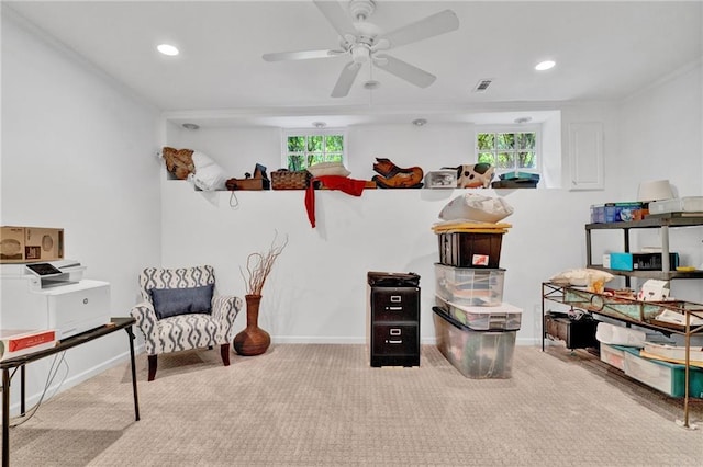 living area with ceiling fan, carpet flooring, healthy amount of natural light, and recessed lighting