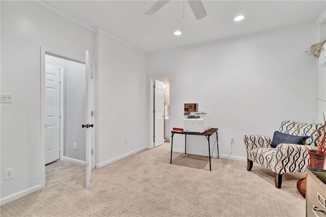 carpeted home office with a ceiling fan, ornamental molding, baseboards, and recessed lighting