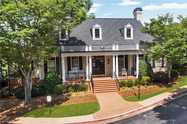 cape cod-style house featuring a porch, french doors, a chimney, and a shingled roof