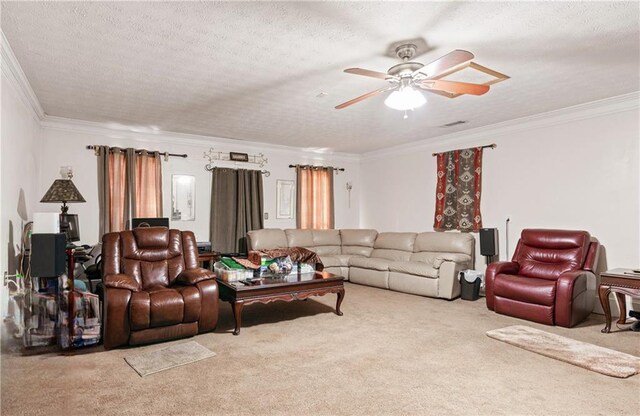 4014 Ivy Trace Ln, Ellenwood, GA 30294 - carpeted living area featuring a textured ceiling, ceiling fan, and crown molding