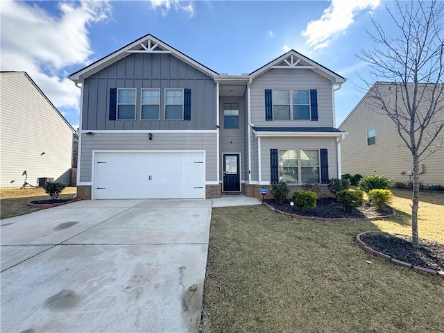 view of front of home with a garage, a front lawn, and central air condition unit