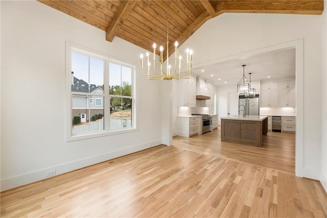 unfurnished living room with vaulted ceiling with beams, light hardwood / wood-style floors, wooden ceiling, and a chandelier