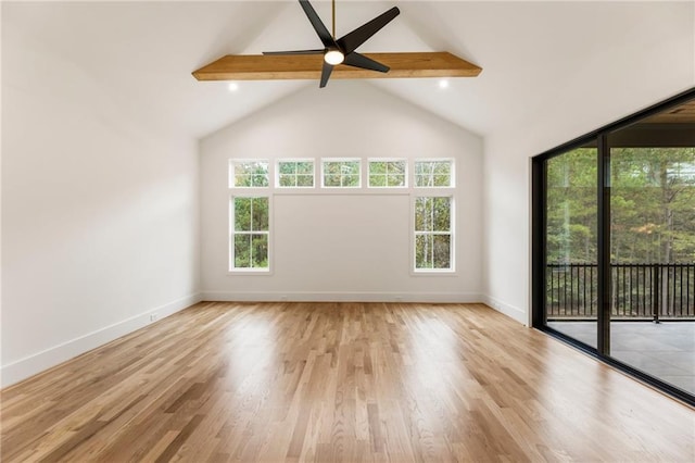 spare room with beamed ceiling, ceiling fan, light wood-type flooring, and high vaulted ceiling