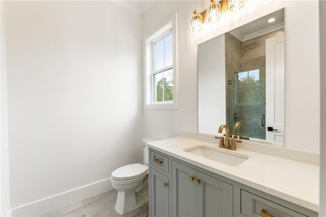 bathroom featuring vanity, crown molding, tile patterned flooring, toilet, and a shower with shower door