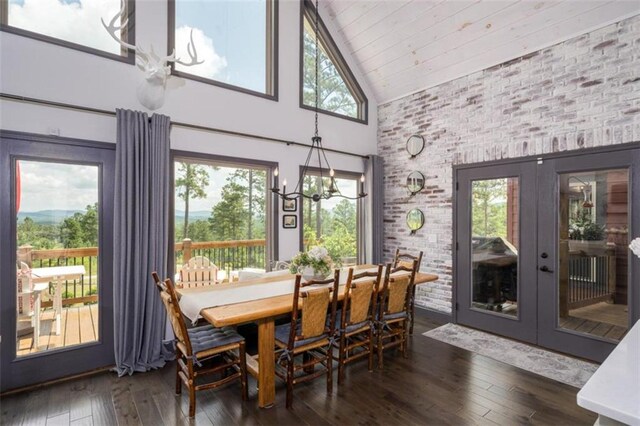 dining area featuring french doors, plenty of natural light, a chandelier, and high vaulted ceiling