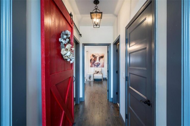 corridor featuring dark wood-type flooring and a barn door