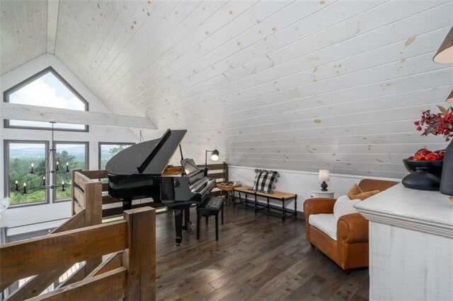 living area featuring vaulted ceiling and dark wood-type flooring