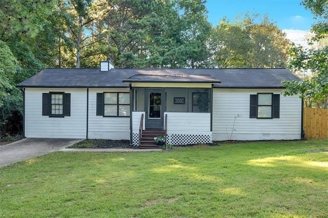 ranch-style house with a chimney, entry steps, crawl space, fence, and a front lawn