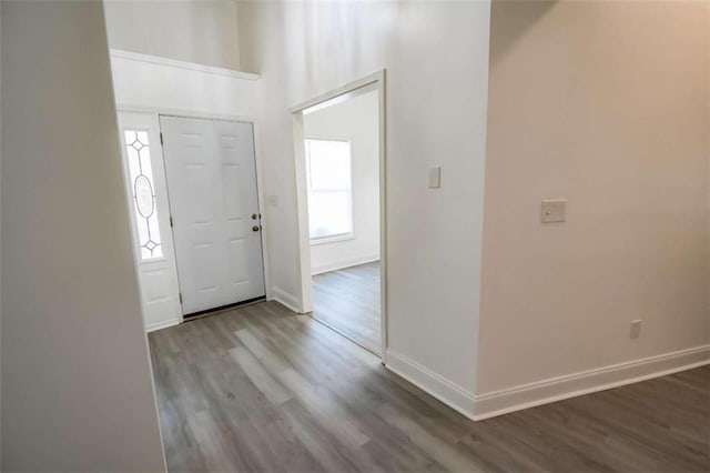 entryway with baseboards and wood finished floors