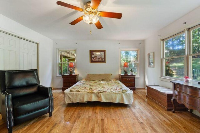 bedroom featuring a closet, ceiling fan, and light wood-type flooring