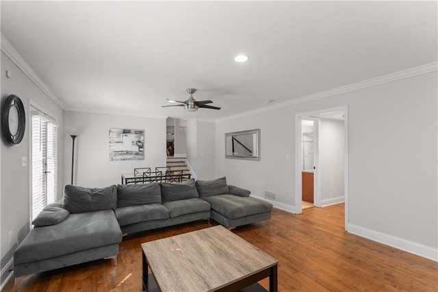 3307 Pointe Bleue Ct, Decatur, GA 30034 - living room with baseboards, crown molding, a ceiling fan, wood finished floors, and recessed lighting