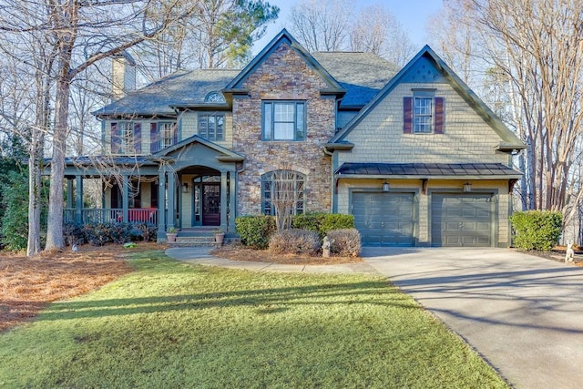 view of front of house featuring a porch, a garage, and a front yard