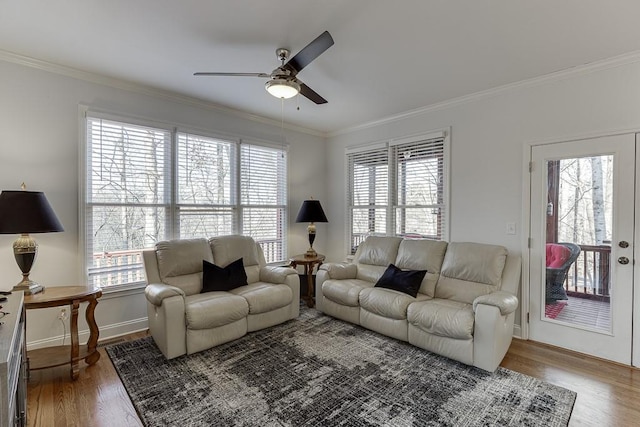 living room with hardwood / wood-style flooring, ornamental molding, plenty of natural light, and ceiling fan