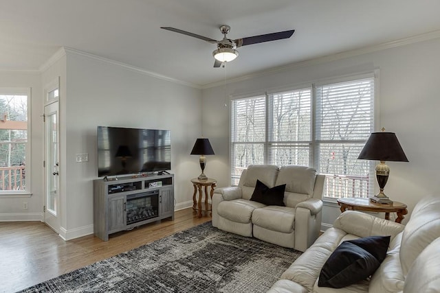 living room with ornamental molding, a healthy amount of sunlight, and hardwood / wood-style floors