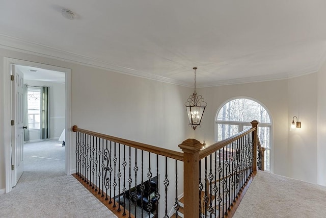 corridor featuring an inviting chandelier, light colored carpet, and crown molding