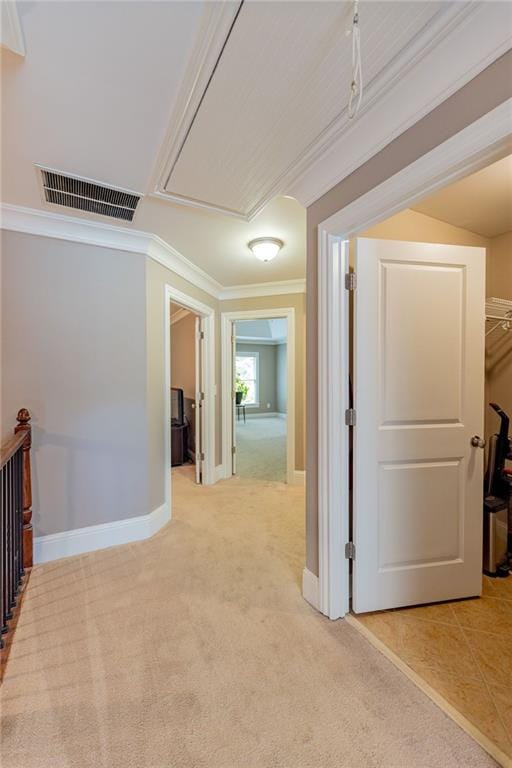 hallway featuring crown molding and carpet