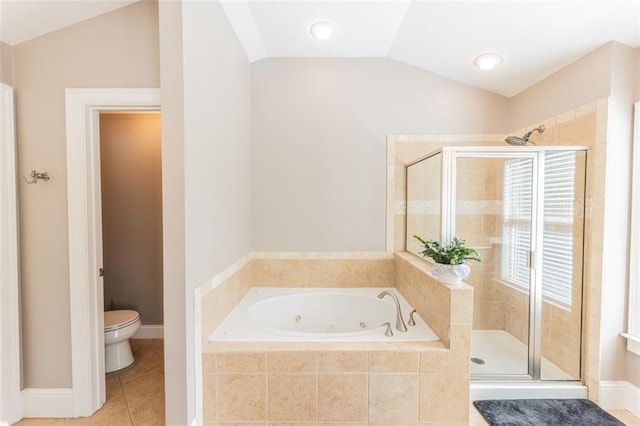 bathroom with toilet, tile patterned floors, vaulted ceiling, and independent shower and bath