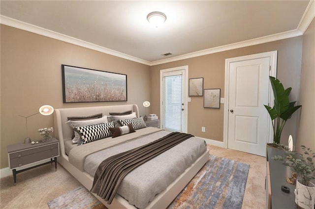 bedroom with light colored carpet and ornamental molding