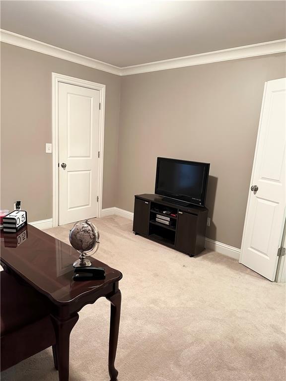 carpeted living room featuring ornamental molding