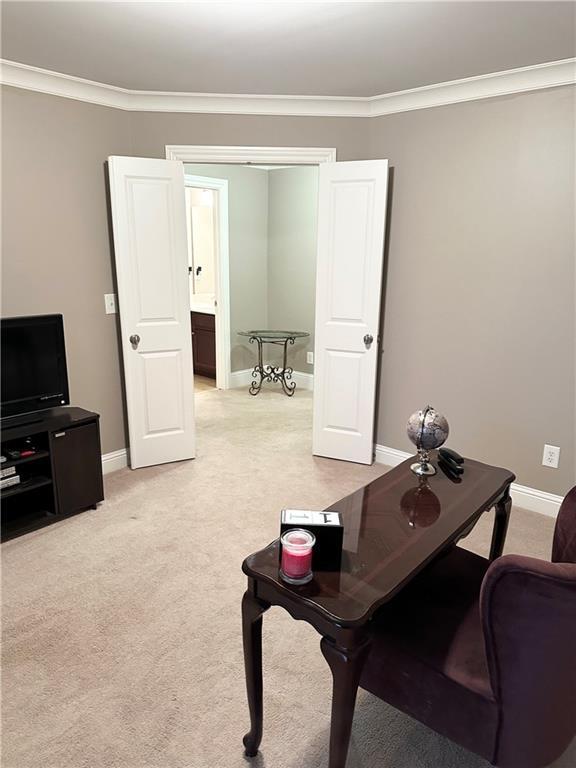 office featuring light carpet and crown molding