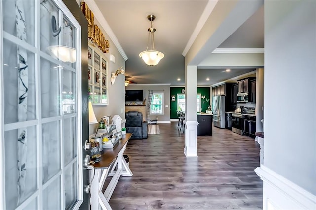 1412 Chapman Cir, Monroe, GA 30656 - entryway featuring ornamental molding, dark wood-style floors, and a stone fireplace