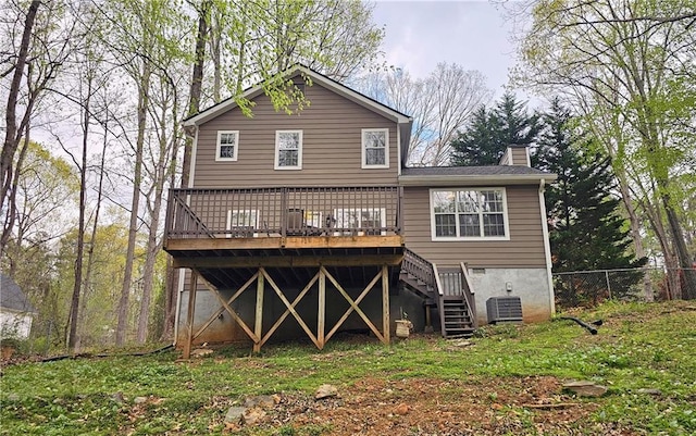 5415 Keithwood Dr, Cumming, GA 30040 - back of house featuring a wooden deck, central air condition unit, fence, stairs, and a chimney