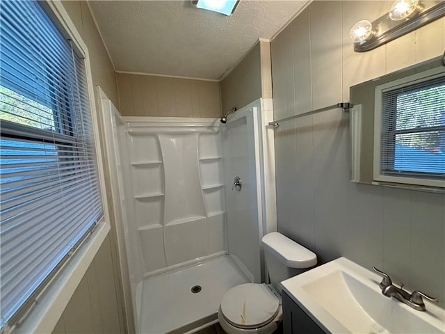 bathroom with vanity, a textured ceiling, toilet, and walk in shower