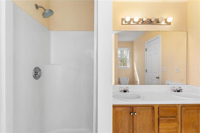 bathroom with a shower, a sink, and toilet