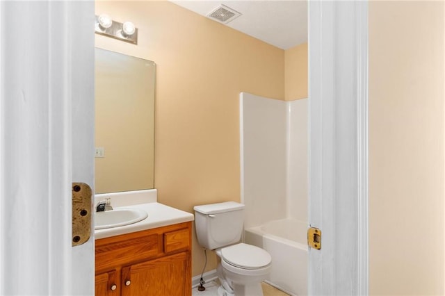 full bathroom with visible vents, shower / tub combination, vanity, and toilet