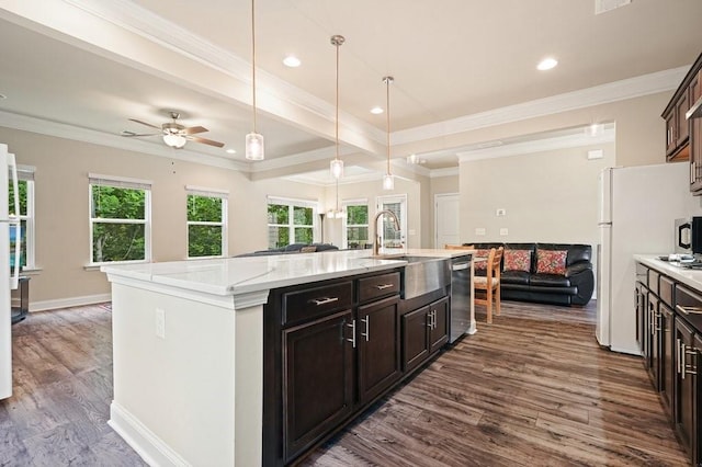 1630 Eaglerock Dr, Suwanee, GA 30024 - kitchen featuring dark wood-style floors, stainless steel dishwasher, open floor plan, a kitchen island with sink, and crown molding