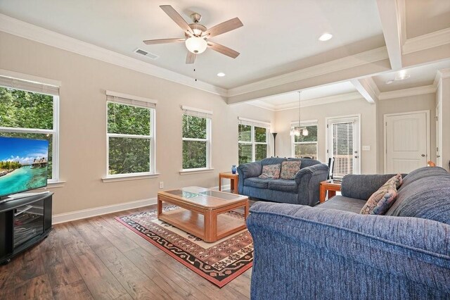 1630 Eaglerock Dr, Suwanee, GA 30024 - living area featuring wood-type flooring, a ceiling fan, healthy amount of natural light, ornamental molding, and recessed lighting