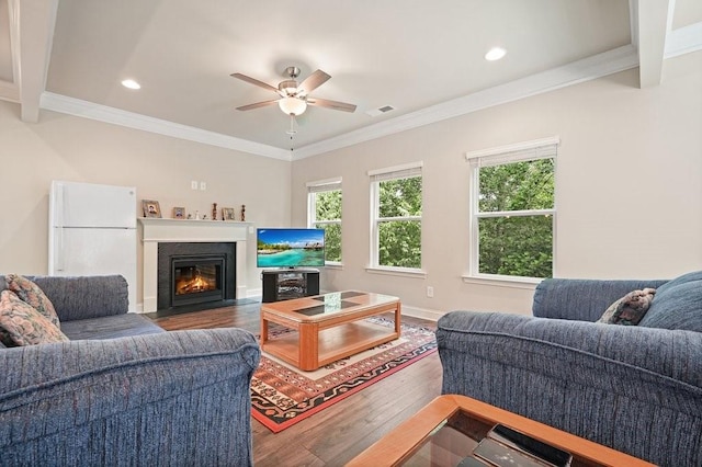 1630 Eaglerock Dr, Suwanee, GA 30024 - living area with wood finished floors, ceiling fan, a fireplace with flush hearth, ornamental molding, and recessed lighting