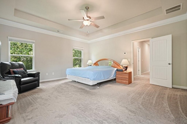 1630 Eaglerock Dr, Suwanee, GA 30024 - carpeted bedroom featuring a tray ceiling, ornamental molding, and ceiling fan