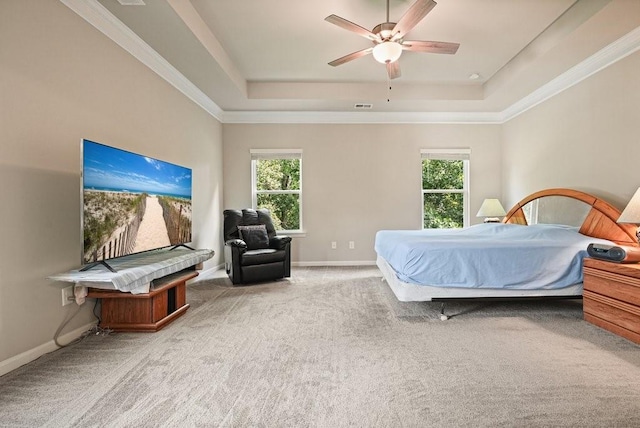 1630 Eaglerock Dr, Suwanee, GA 30024 - bedroom featuring a raised ceiling, carpet, a ceiling fan, and ornamental molding