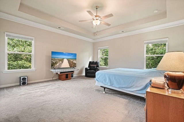 1630 Eaglerock Dr, Suwanee, GA 30024 - carpeted bedroom featuring a tray ceiling, ornamental molding, and ceiling fan