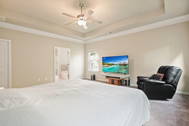1630 Eaglerock Dr, Suwanee, GA 30024 - carpeted bedroom with a raised ceiling, crown molding, connected bathroom, and ceiling fan