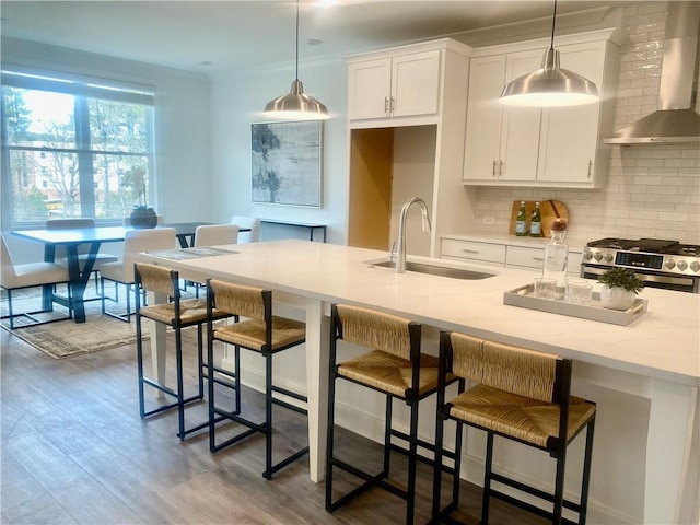 707 Dodd Ln N Unit 164, Buford, GA 30518 - kitchen featuring a sink, stainless steel gas stove, wall chimney range hood, backsplash, and white cabinetry