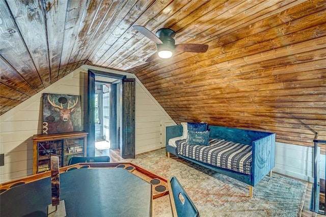 81 Falcon Cir, Ellijay, GA 30540 - bedroom with wooden ceiling, wooden walls, lofted ceiling, and a ceiling fan