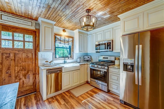 81 Falcon Cir, Ellijay, GA 30540 - kitchen featuring stainless steel appliances, wooden ceiling, backsplash, light stone countertops, and a chandelier