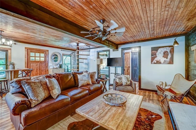 81 Falcon Cir, Ellijay, GA 30540 - living room featuring a wood ceiling with exposed beams, wood finished floors, ceiling fan, and crown molding
