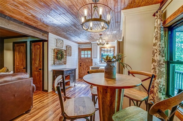 81 Falcon Cir, Ellijay, GA 30540 - dining area featuring wood ceiling, a chandelier, light wood-style flooring, and wooden walls