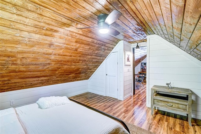81 Falcon Cir, Ellijay, GA 30540 - bedroom featuring wood ceiling, lofted ceiling, wooden walls, wood finished floors, and a ceiling fan