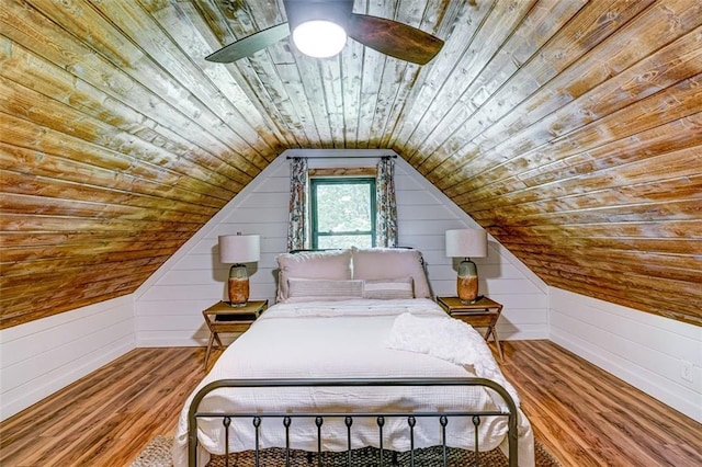 81 Falcon Cir, Ellijay, GA 30540 - bedroom with wooden ceiling, wood walls, wood finished floors, vaulted ceiling, and ceiling fan