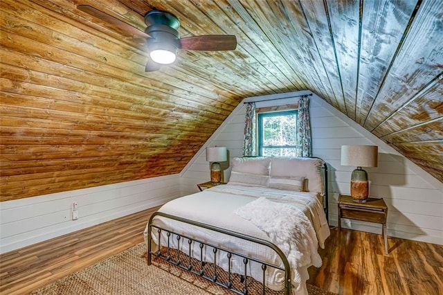 81 Falcon Cir, Ellijay, GA 30540 - bedroom with wooden ceiling, wood finished floors, lofted ceiling, wooden walls, and a ceiling fan