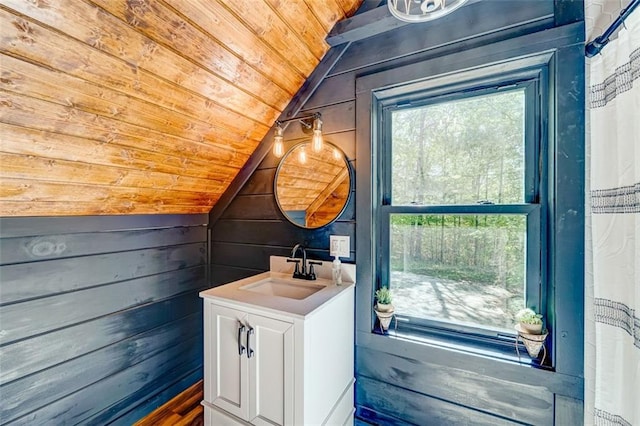 81 Falcon Cir, Ellijay, GA 30540 - full bath featuring wood ceiling, vaulted ceiling, vanity, and wooden walls
