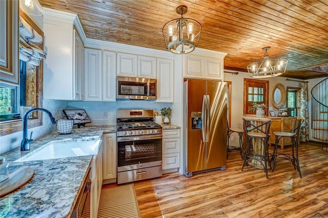 81 Falcon Cir, Ellijay, GA 30540 - kitchen featuring stainless steel appliances, a chandelier, light wood-type flooring, backsplash, and wooden ceiling