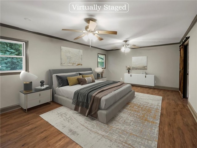 bedroom featuring ceiling fan, dark hardwood / wood-style floors, multiple windows, and crown molding