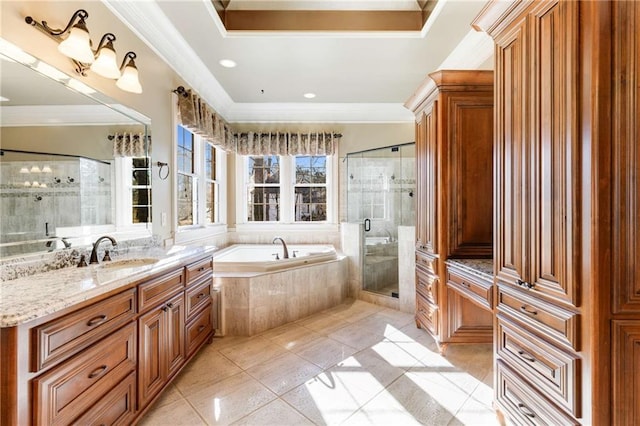 bathroom featuring tile patterned floors, vanity, shower with separate bathtub, and ornamental molding