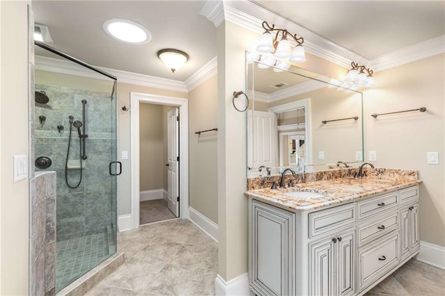 bathroom featuring vanity, an enclosed shower, and crown molding